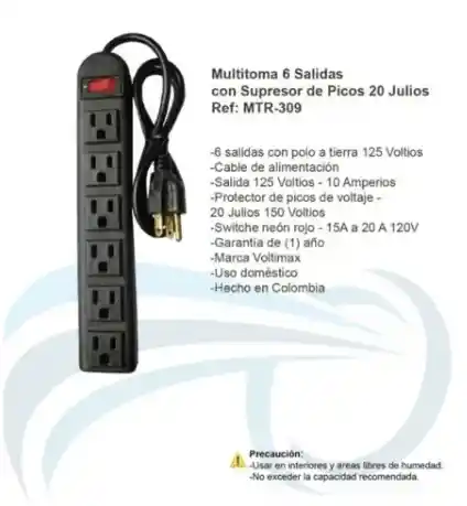 Regleta Supresor Picos 6 Salidas 1mtrs 10a 125v Voltimax