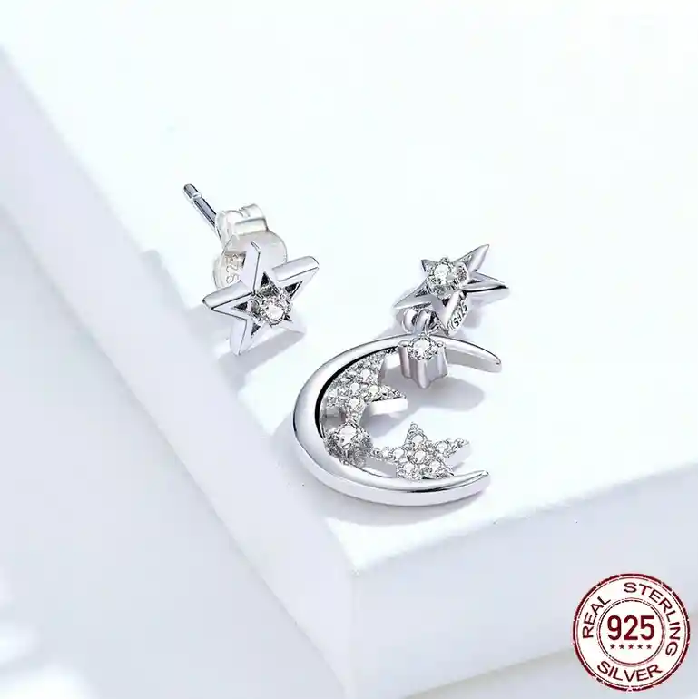 Estrella Aretes Topos Luna Y S Para Mujer En Plata 925