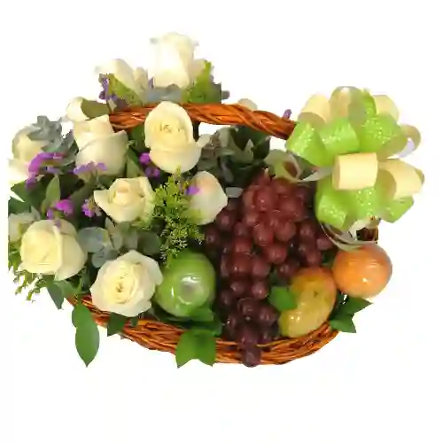 Arreglo Floral Frutero Con Rosas Y Siempre Viva