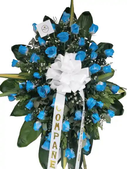Corona Fúnebre En Trípode Con Rosas Azules
