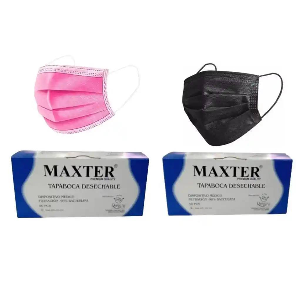 100 Tapabocas Maxter Quirúrgico Termosellados 3 Capas Negro Y Rosa