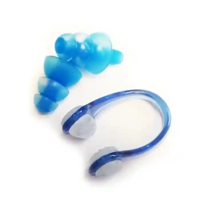 Kit Tapa Oídos Y Nariguera Natación Silicona + Estuche - Azul