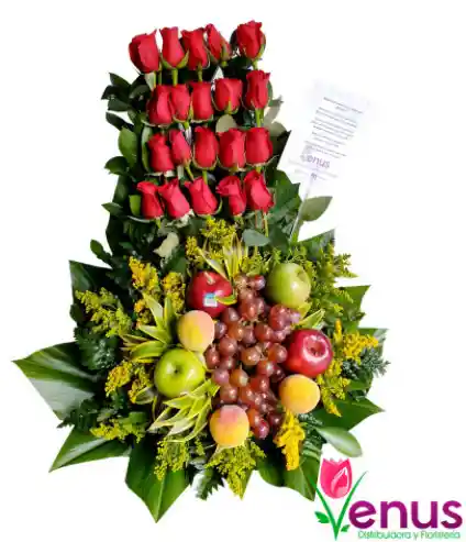 Arreglo Frutal Con 20 Rosas Rojas