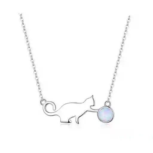 Collar Cadena Para Mujer Gato Juega Ópalo En Plata 925