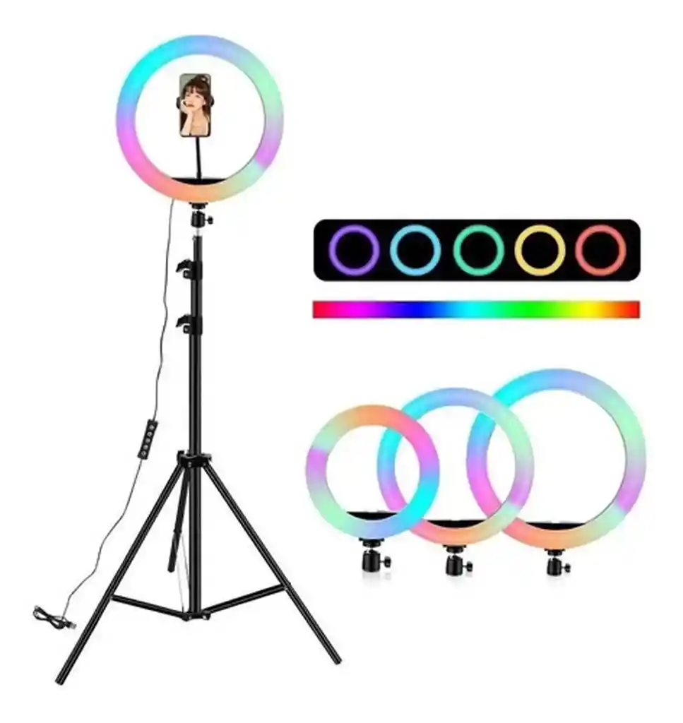 Aro Multi Colores Luz Lampara Led 26cm Ajustable + Tripode