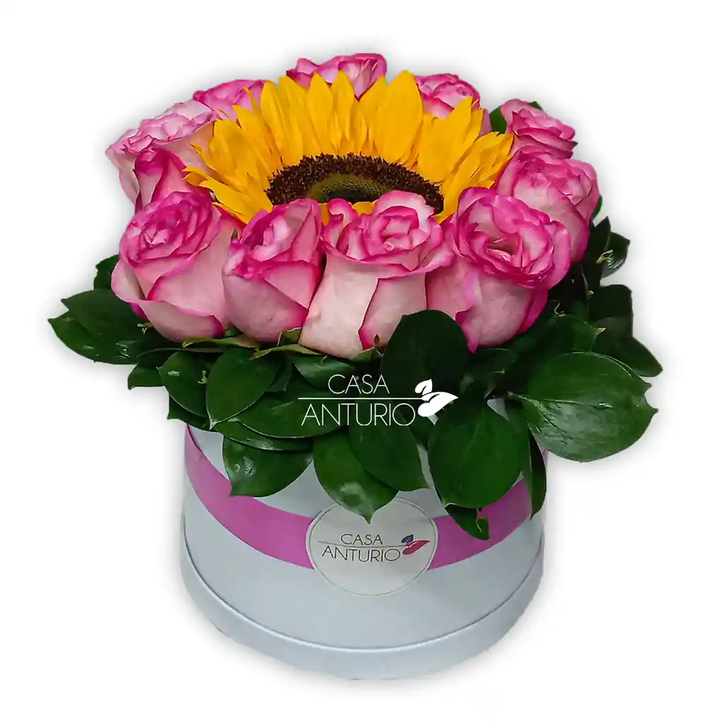 Caja Circular Con Rosas Rosadas Y Girasoles