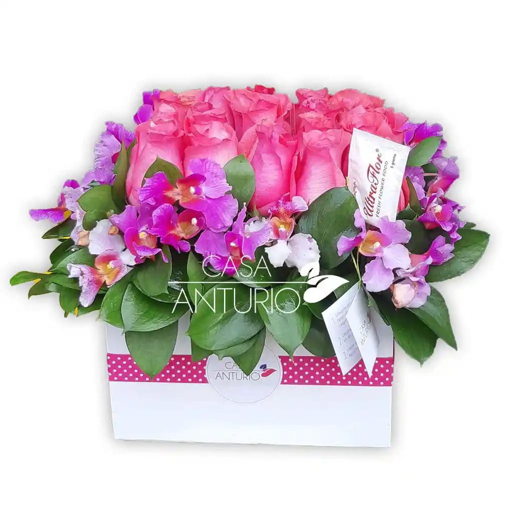 caja cuadrada en rosas rosadas y Orquideas