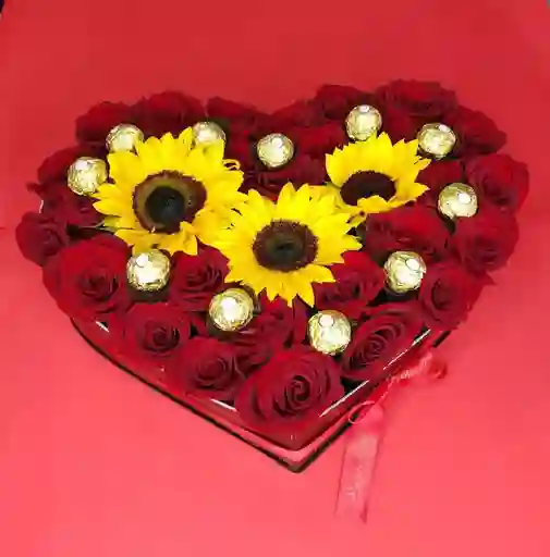 Caja Corazón Rosas Y Girasol