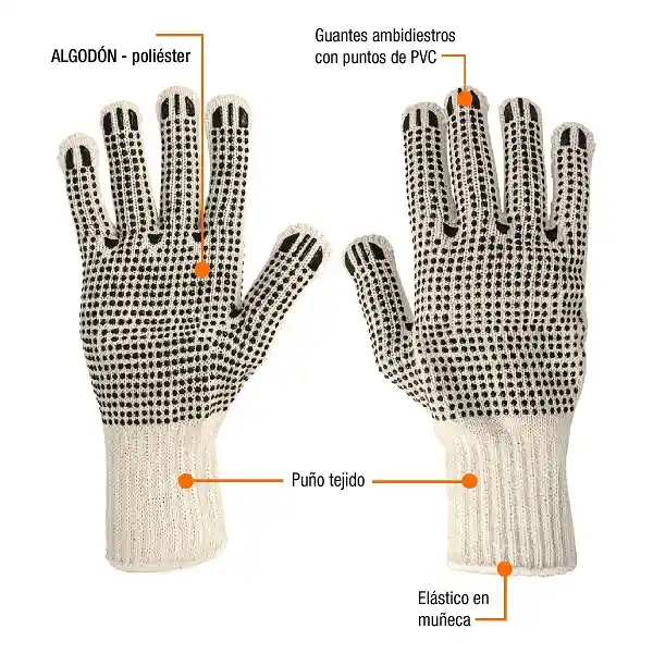 Guantes Tejidos Con Puntos Pvc Algodón Tela 1 Par