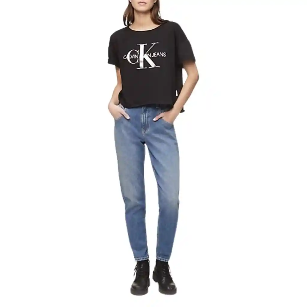 Talla M, L - Camiseta Mujer Calvin Klein Negro Metallic Monogram Logo Boxy T-shirt Black Silver | Original