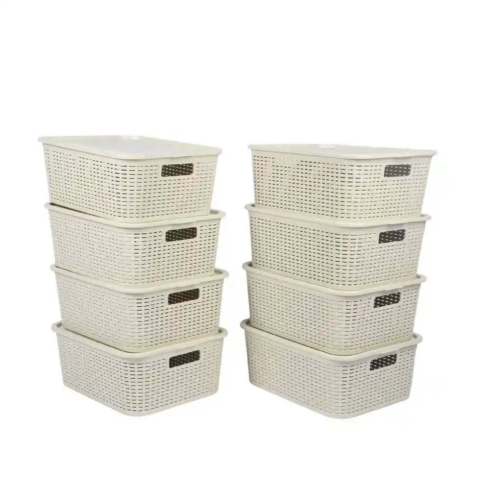 Cesta Cesto Canasta Caja Organizadora Con Tapa Ratan Set X 8 Beige