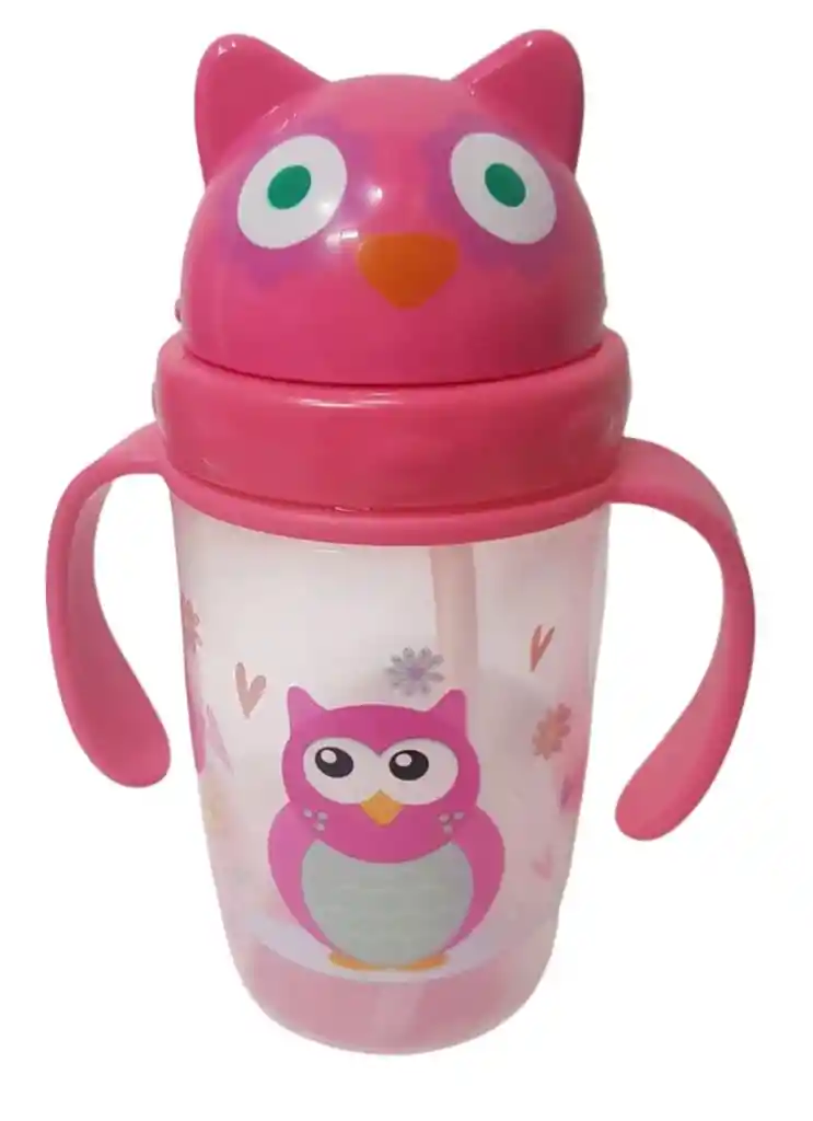 Vaso Anti Goteo Tetero Pitillo 13 Onz Bebe Infantil Biberón Buho Rosado Niño Niña Ref. Infantec Bip1215