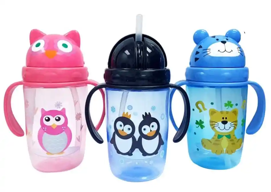 Vaso Anti Goteo Tetero Pitillo 13 Onz Bebe Infantil Biberón Buho Rosado Niño Niña Ref. Infantec Bip1215