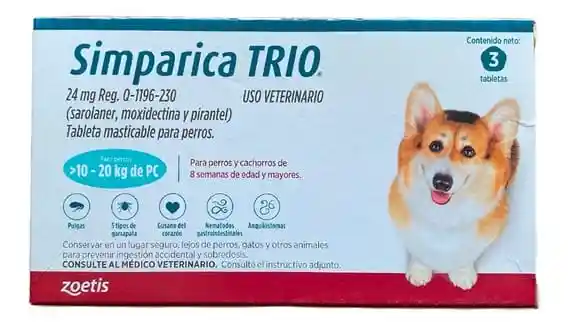 Simparica Trio Antipulgas Y Desparasitante Perros 10 A 20 Kg