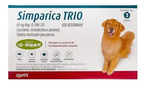 Simparica Trio Antipulgas Y Desparasitante Perros 20 A 40 Kg