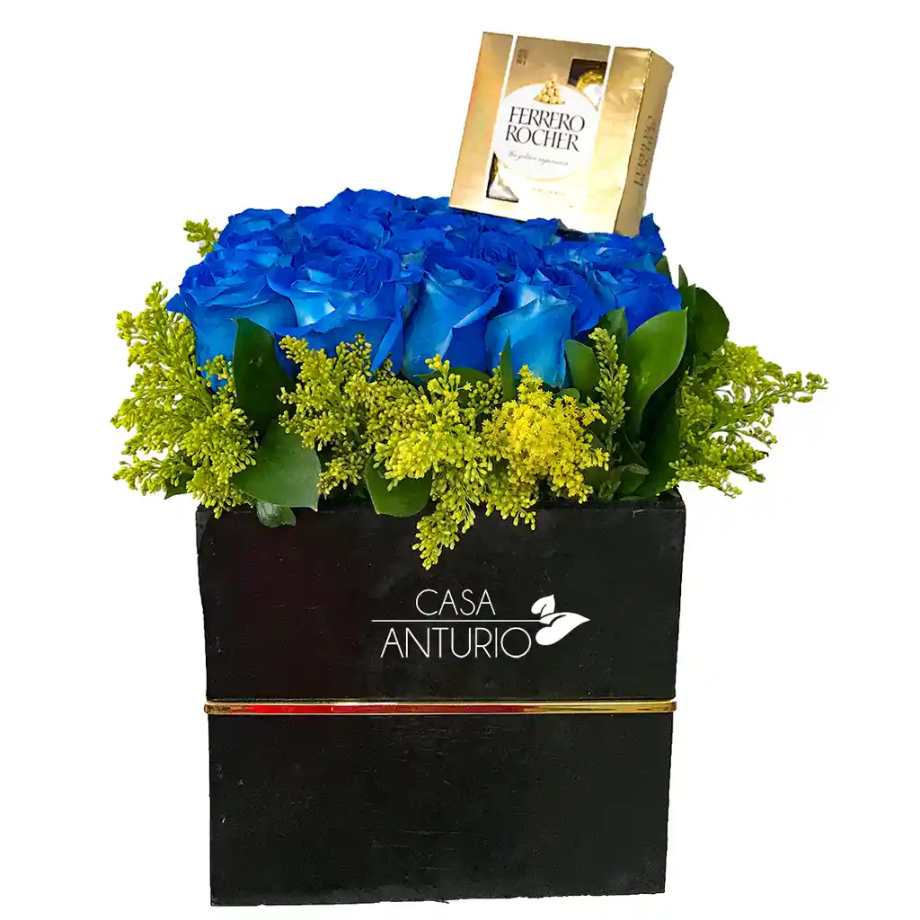 Caja Cuadrada Con Rosas Azules Y Chocolates Ferrero Rocher