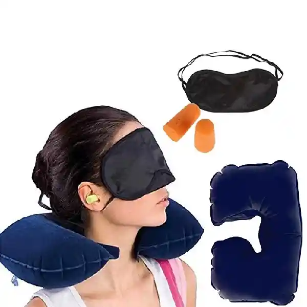 Kit De Viaje Almohada Inflable Cuello Gafas De Dormir Tapones Oídos Viajero