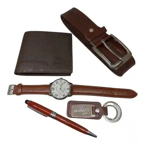 Set Para Hombre Billetera + Reloj + Correa + Llavero + Estuche + Esfero