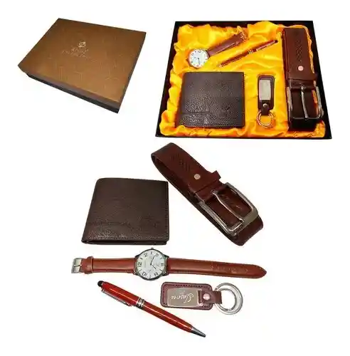 Set Para Hombre Billetera + Reloj + Correa + Llavero + Estuche + Esfero