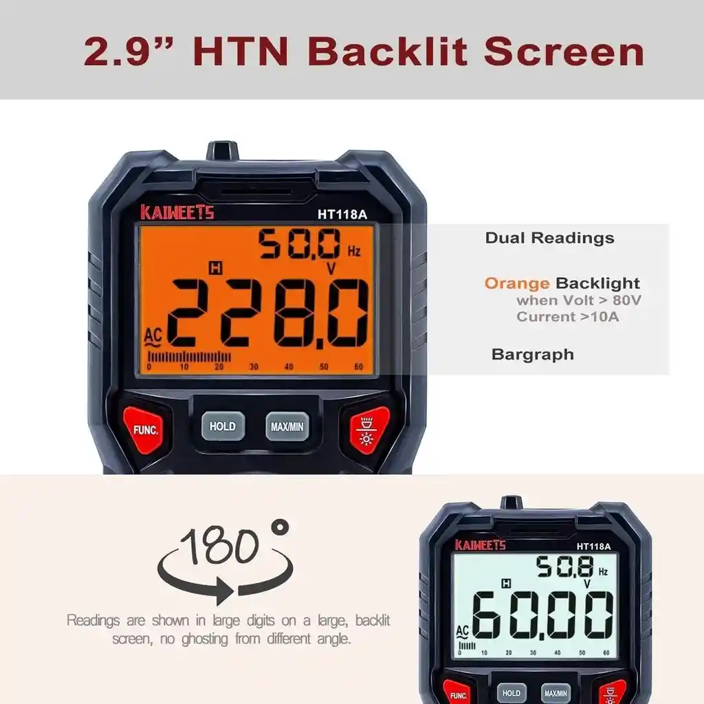 Kaiweets Ht118a Multimetro Digital Profesional (ncv Detector De Voltaje Sin Contacto) Temperatura