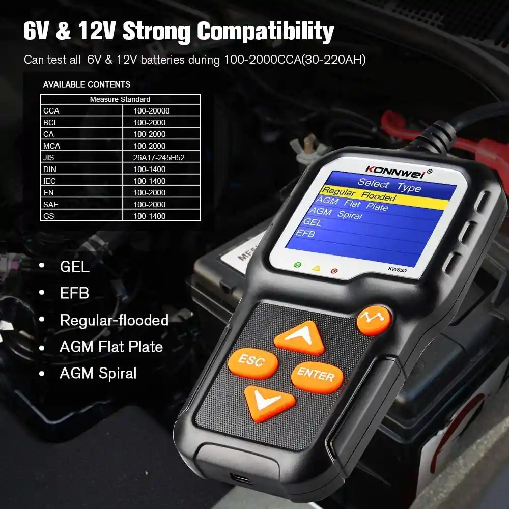 Konnwei Kw650 Diagnostico De Baterías Para Carros Y Motos 6v 12v