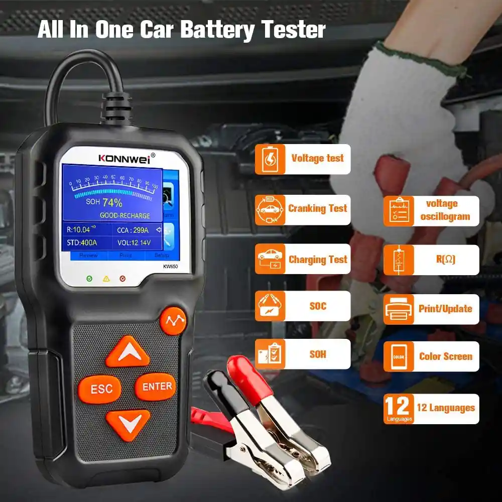 Konnwei Kw650 Diagnostico De Baterías Para Carros Y Motos 6v 12v