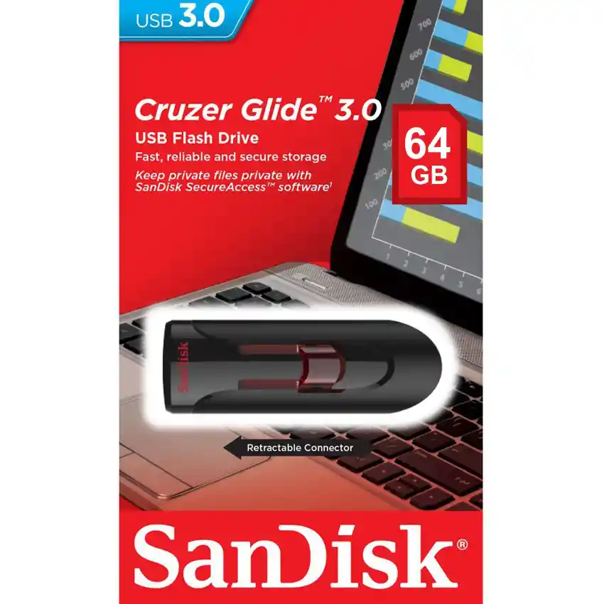 Sandisk Memoria Usb 3.0Cruzer Glide 64Gb, Diseno Retractil
