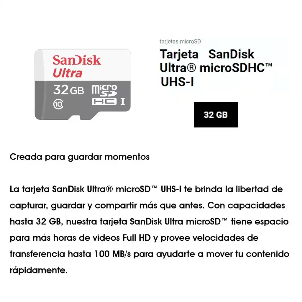 Sandisk Tarjeta Micro Sdhc 32Gb,Ultra, Uhs-I, C10, 100Mb/S