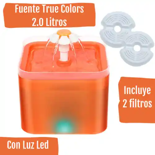 Fuente Agua Para Mascotas True Color Naranja Con Luz Led