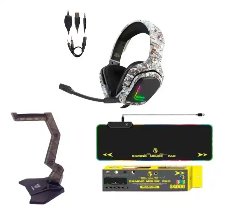 Diadema Gamer K20 Camuflada Blanca + Pad Mouse + Base.