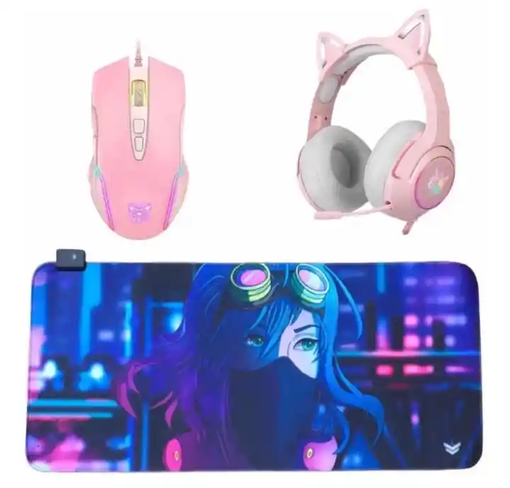 Pad Mouse Gamer Luminoso Xl + Diadema K9 Rosa + Mouse Rosa