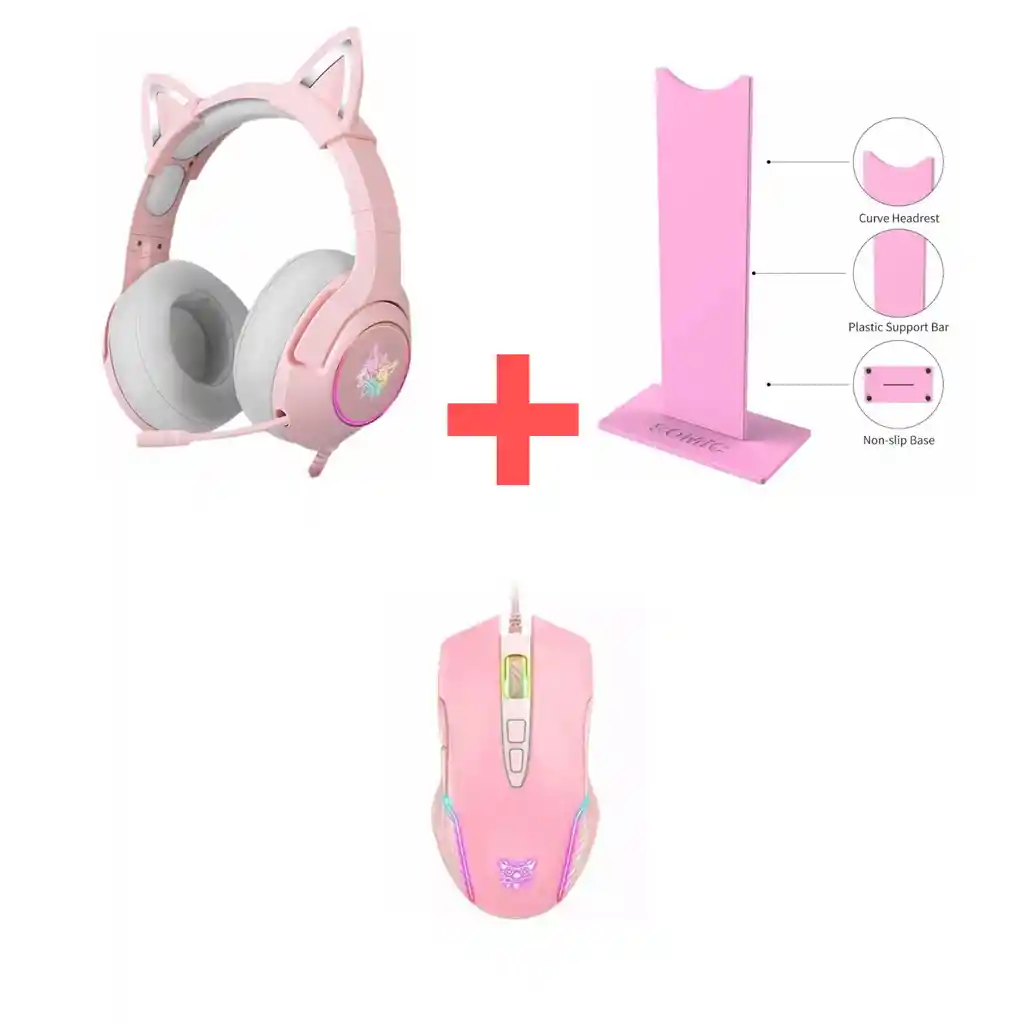 Combo Diadema K9 Rosa + Base Rosa + Mouse Gamer Onikuma