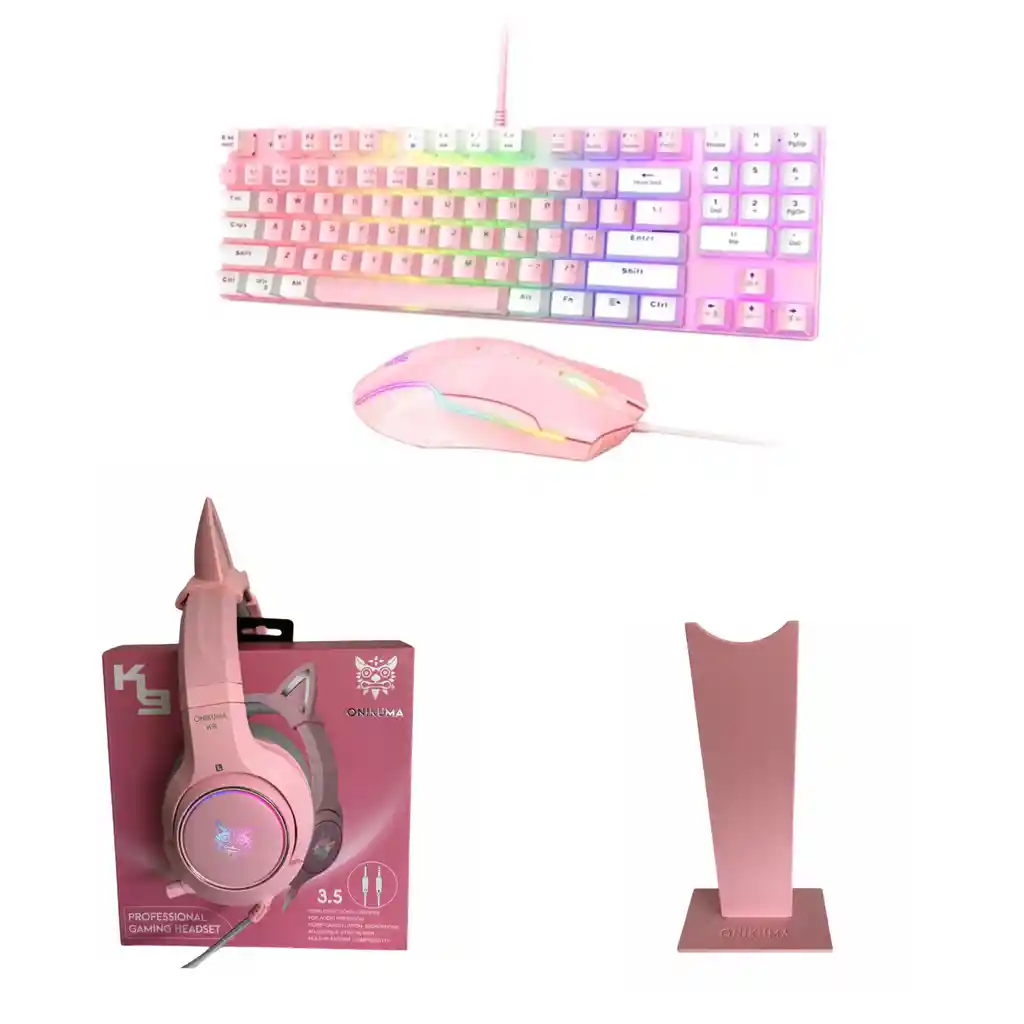 Combo Diadema K9 Rosa + Teclado Mecánico Con Mouse + Base