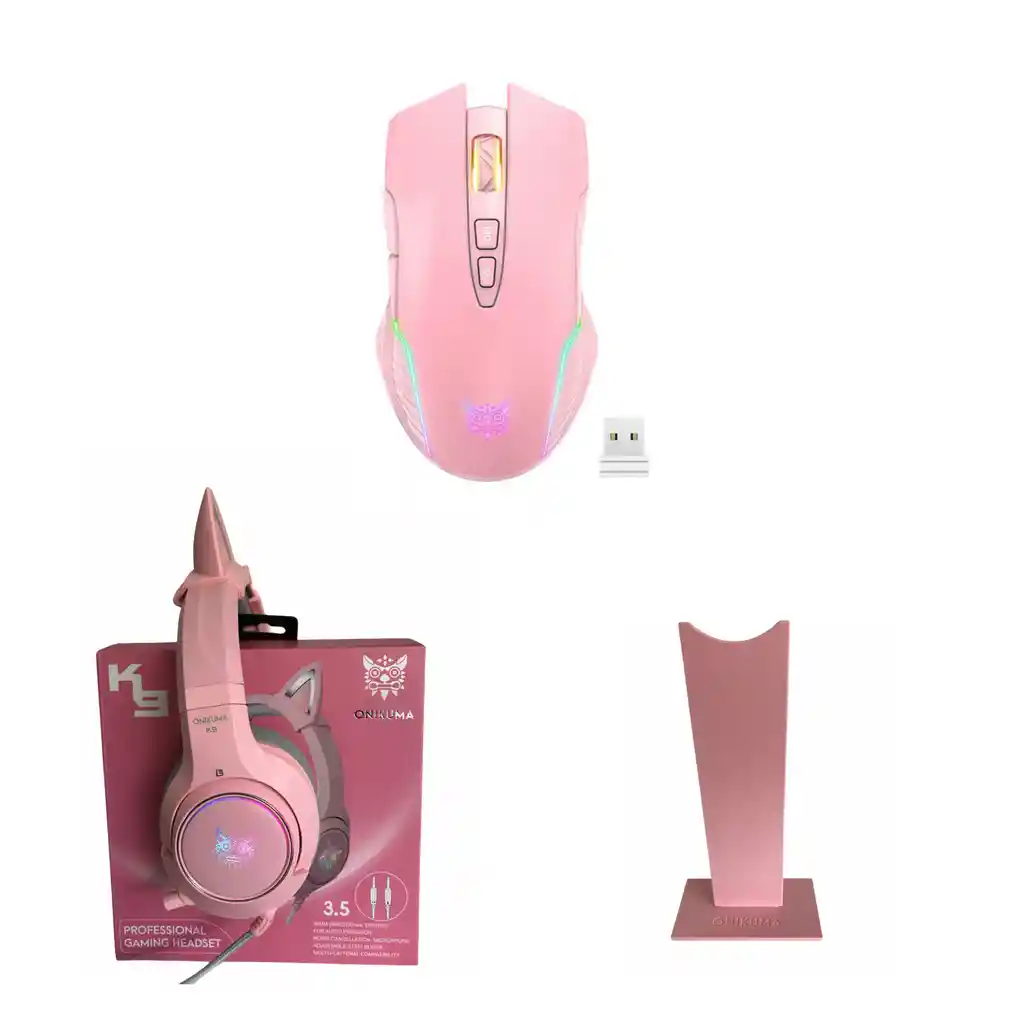 Combo Diadema K9 Rosa + Mouse Inalámbrico Gamer + Base Rosa