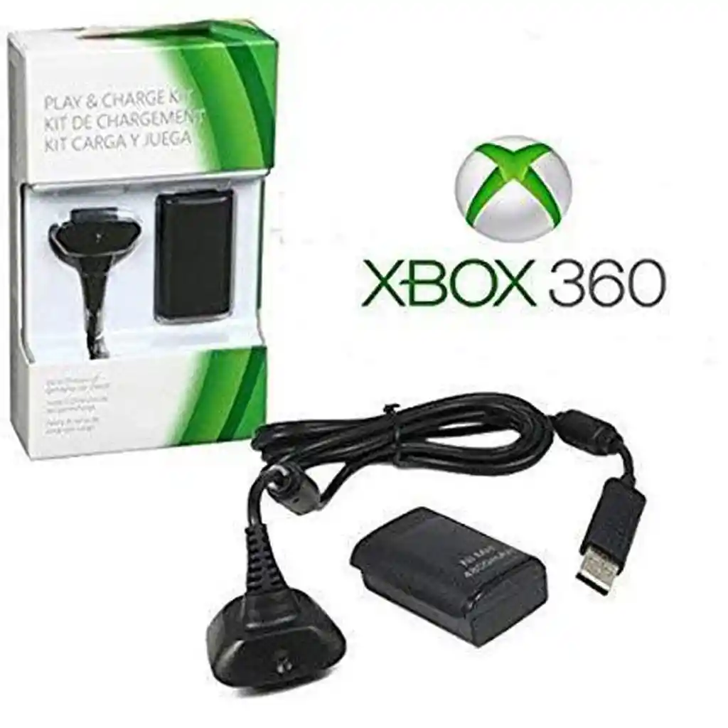 Xbox 360 Kit Carga Y Juega + 4800 Ni-mh Cargador Hasta 35h