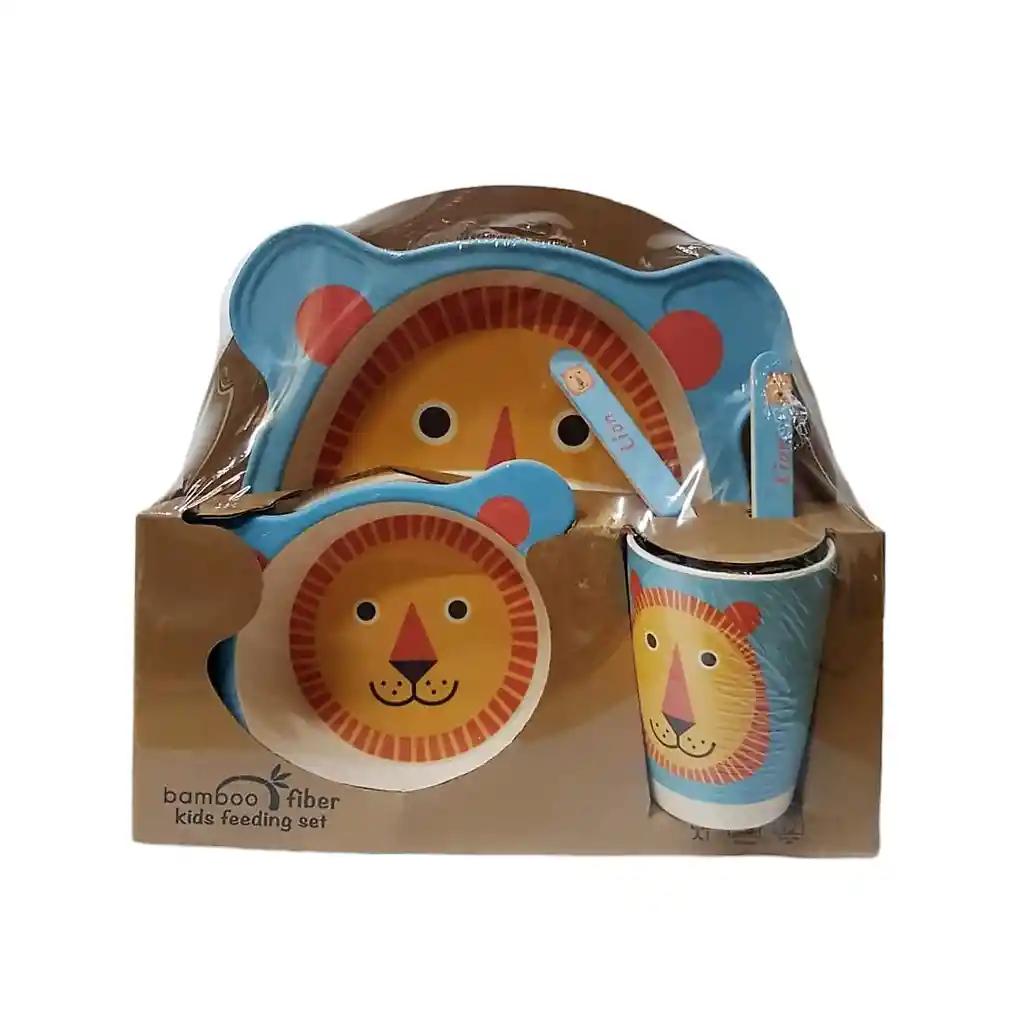 Set Vajilla Bebe Bambú Menaje 5 Pieza Biodegradable Infantil León Azul