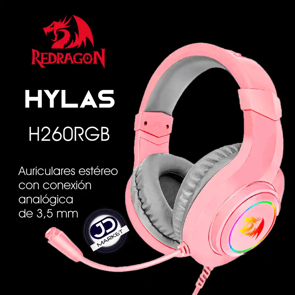Redragon Diadema Gamer H260p Hylas Usb/3.5mm Con Microfono Rosado