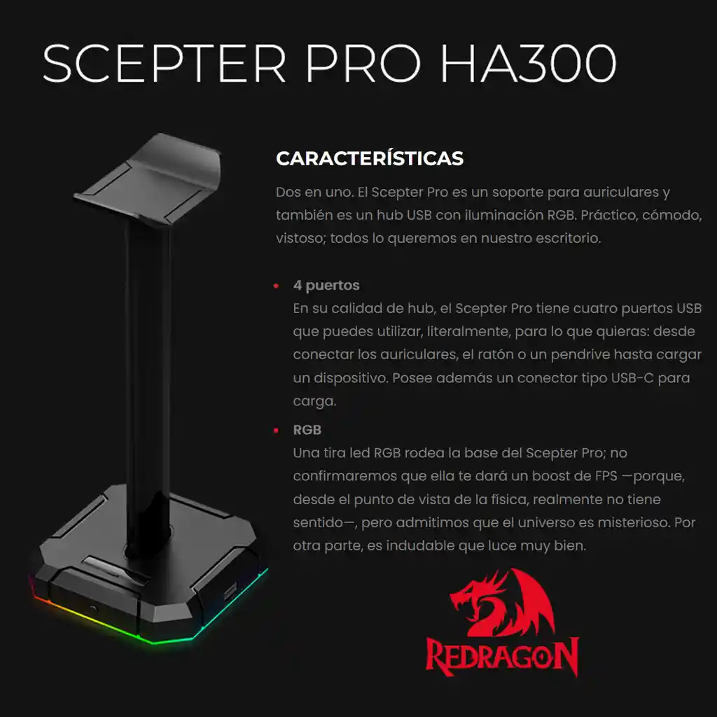 Base/hub Usb Para Auriculares 4 Puertos Rgb Redragon Ha300