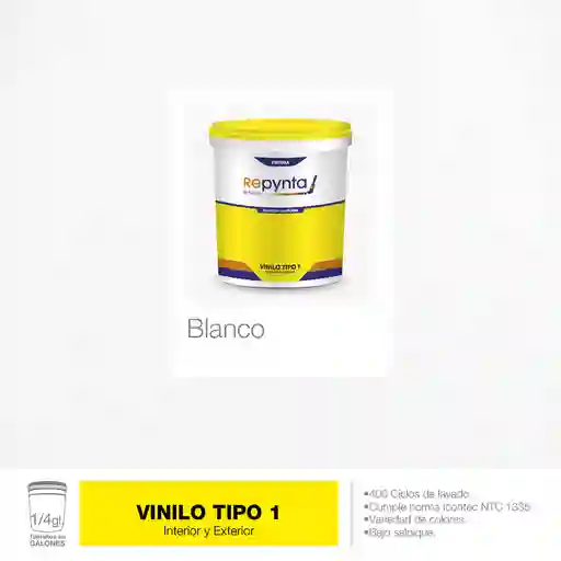 Vinilo Base Agua Tipo 1 Blanco (1/4 Galón) Repynta
