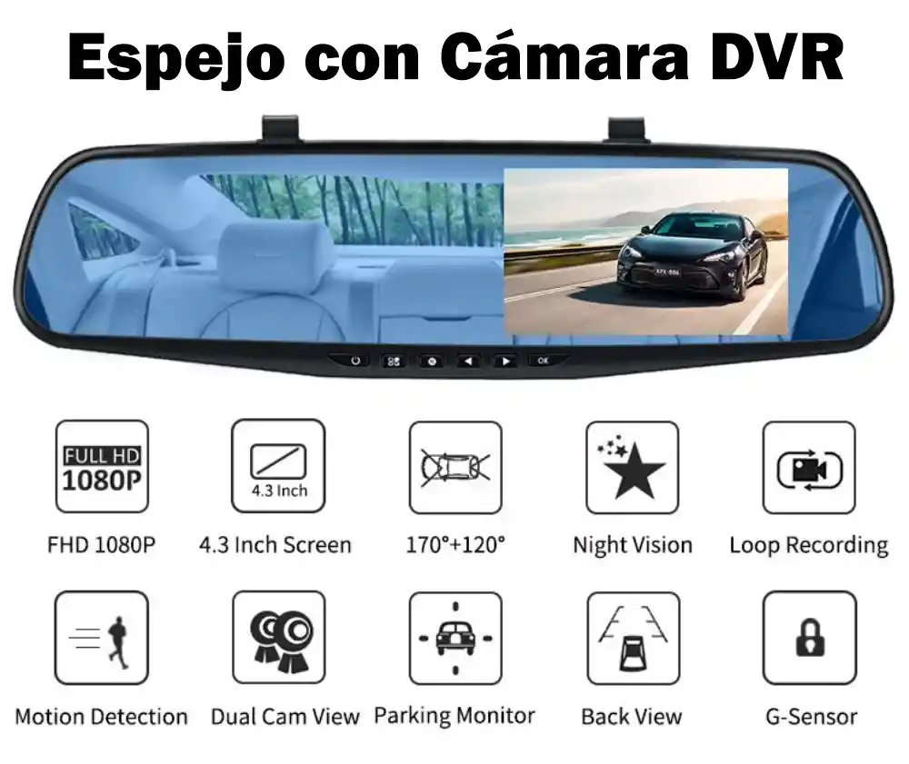 Cámara Dual Carro Espejo Retrovisor Dvr Reversa Sensor 4.3pl