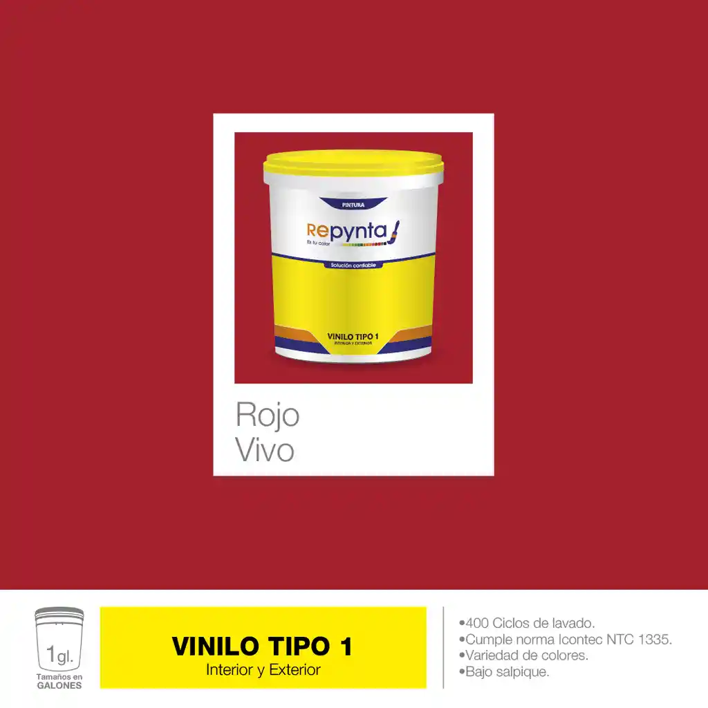 Vinilo Base Agua Tipo 1 Rojo Vivo (1 Galón) Repynta