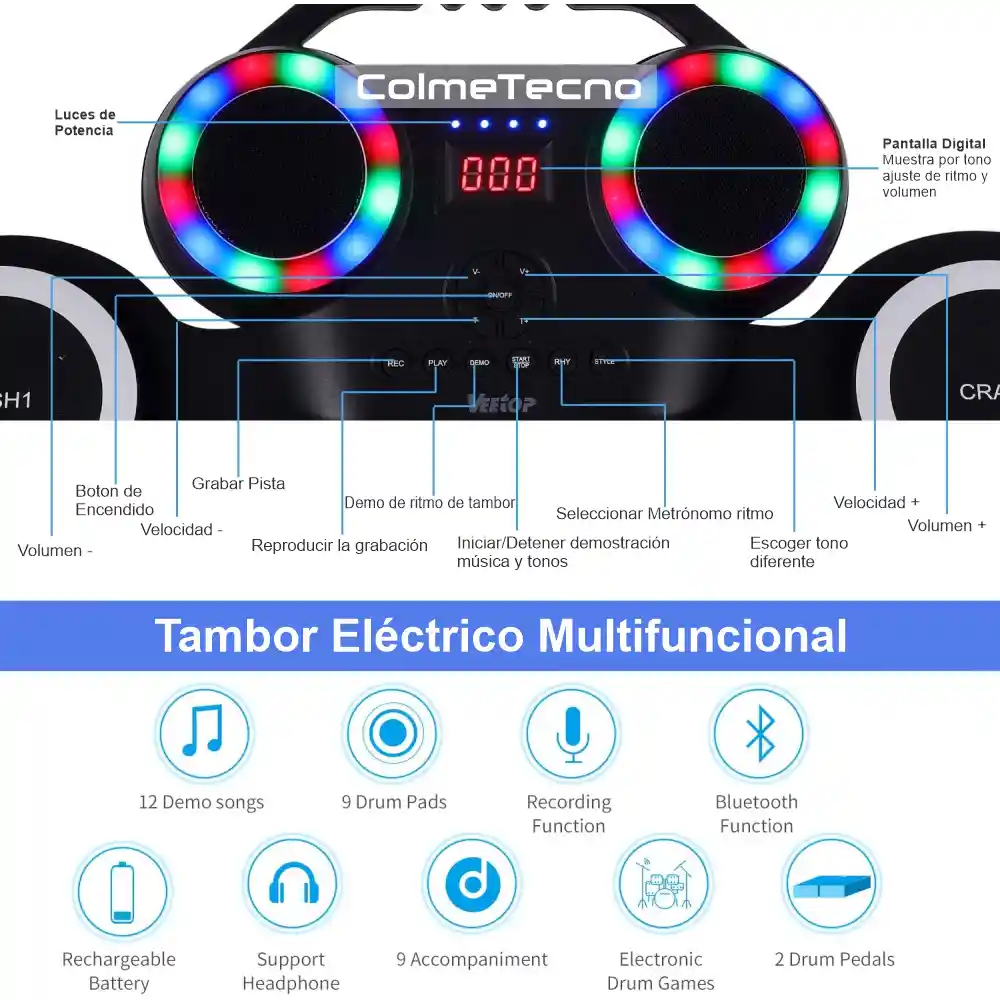 Batería Electrónica Portátil Tambores Bluetooth Luz Led 6009