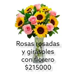 Rosas Rosadas Y Girasoles En Florero
