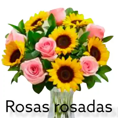 Rosas Rosadas Y Girasoles En Florero