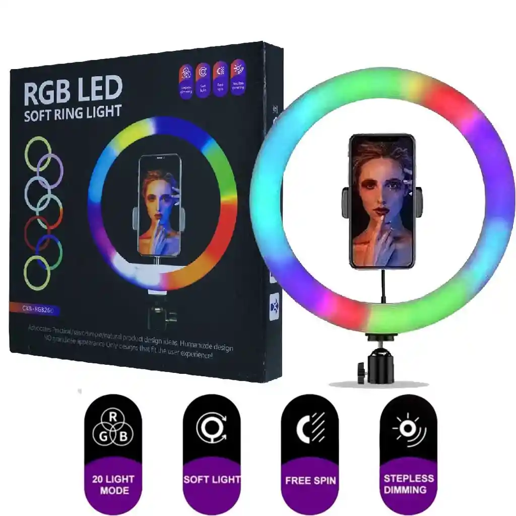 Aro Luz Rgb Led 26 Cm Profesional Multifunción + Trípode 2.10m