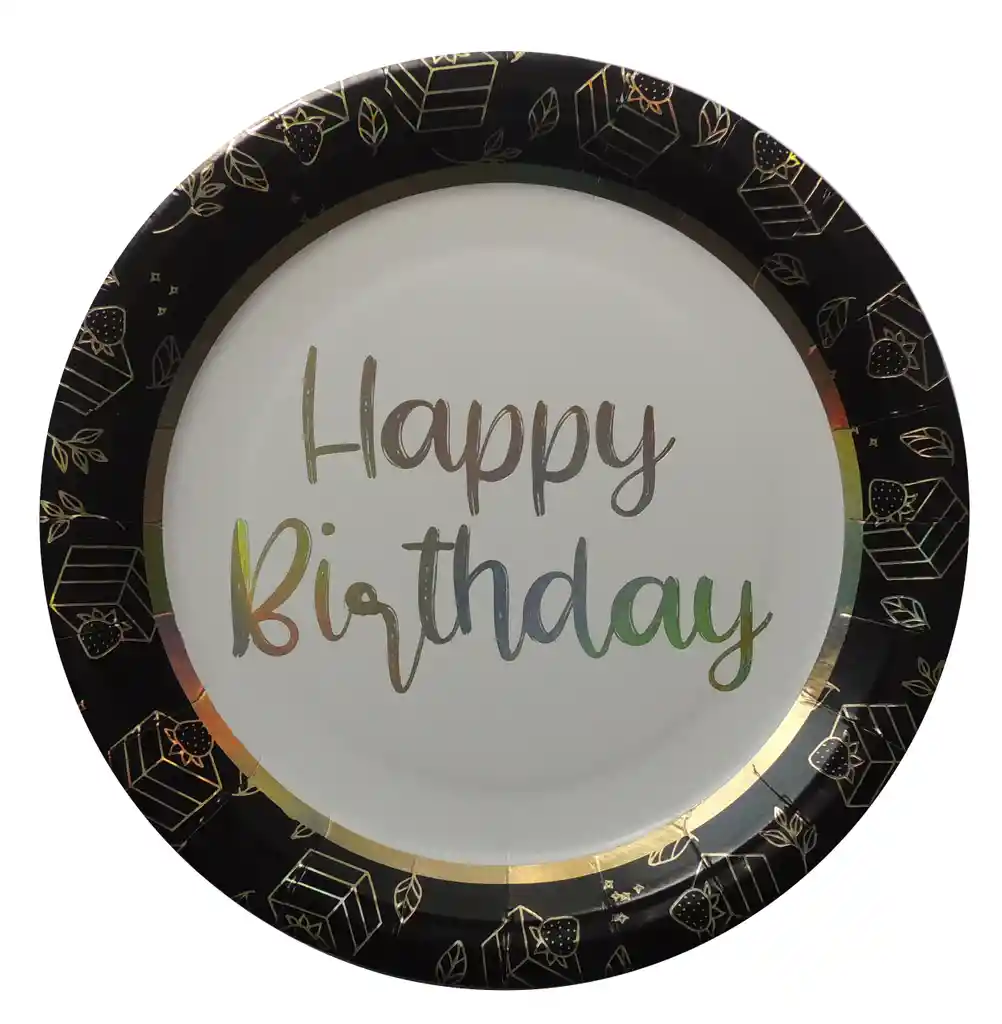 Platos 9 Pulgadas Biodegradables X 8 Unds. Edición De Lujo Happy Birthday