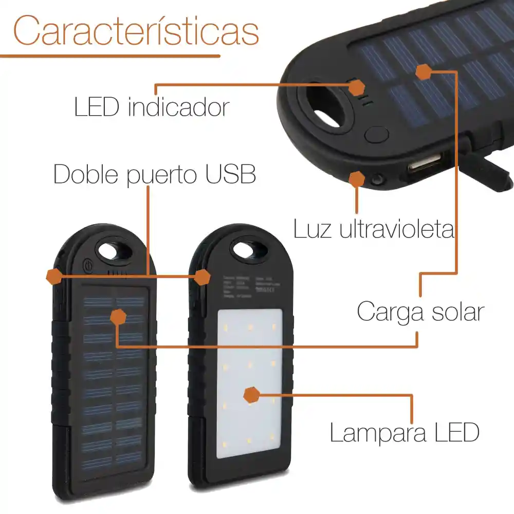 Power Bank Solar Batería Externa Portátil 12.000mah Luz Led