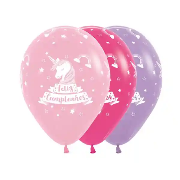 Paquete De Bombas / Globos Feliz Cumpleaños Unicornio Estampado X 12 Und