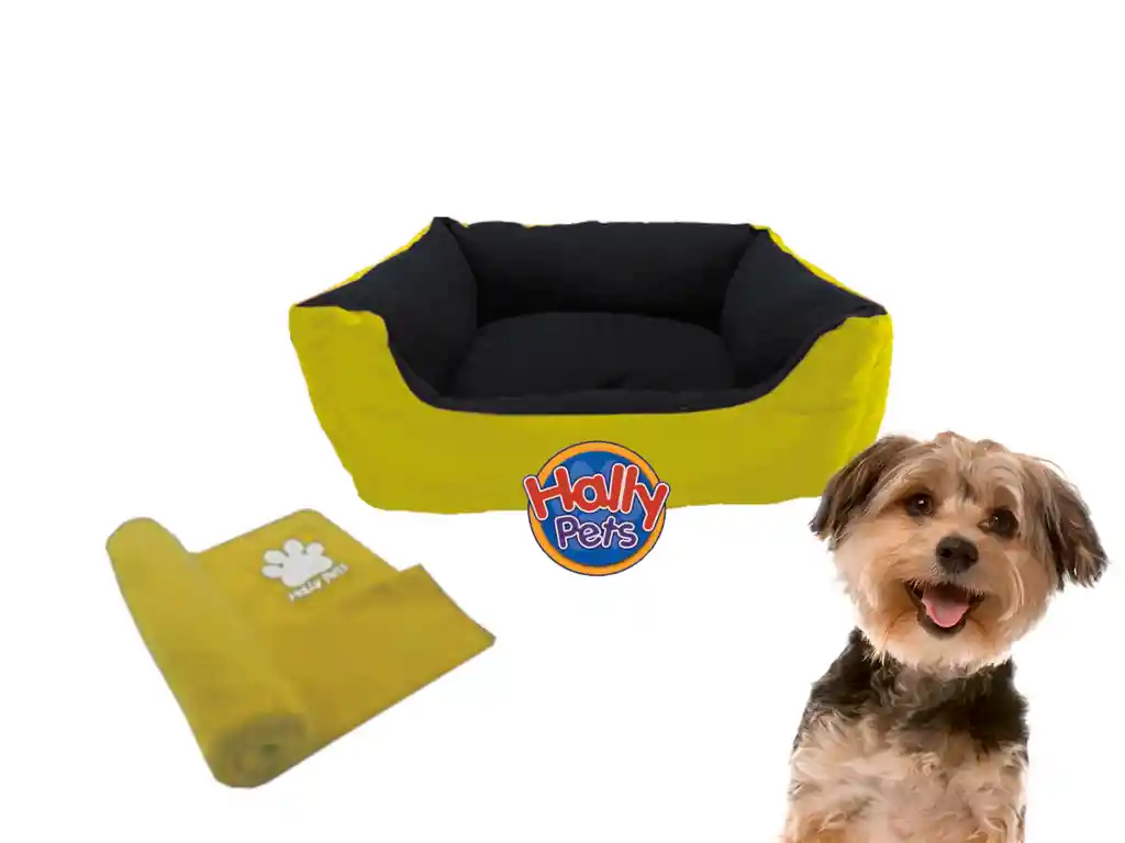 Cama Grande Para Mascota Con Cojin Lavable + Cobija Grande Amarillo