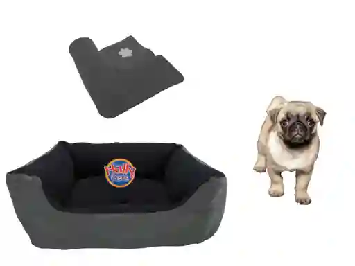 Cama Gigante Para Mascota Con Cojin Lavable + Cobija Grande Gris